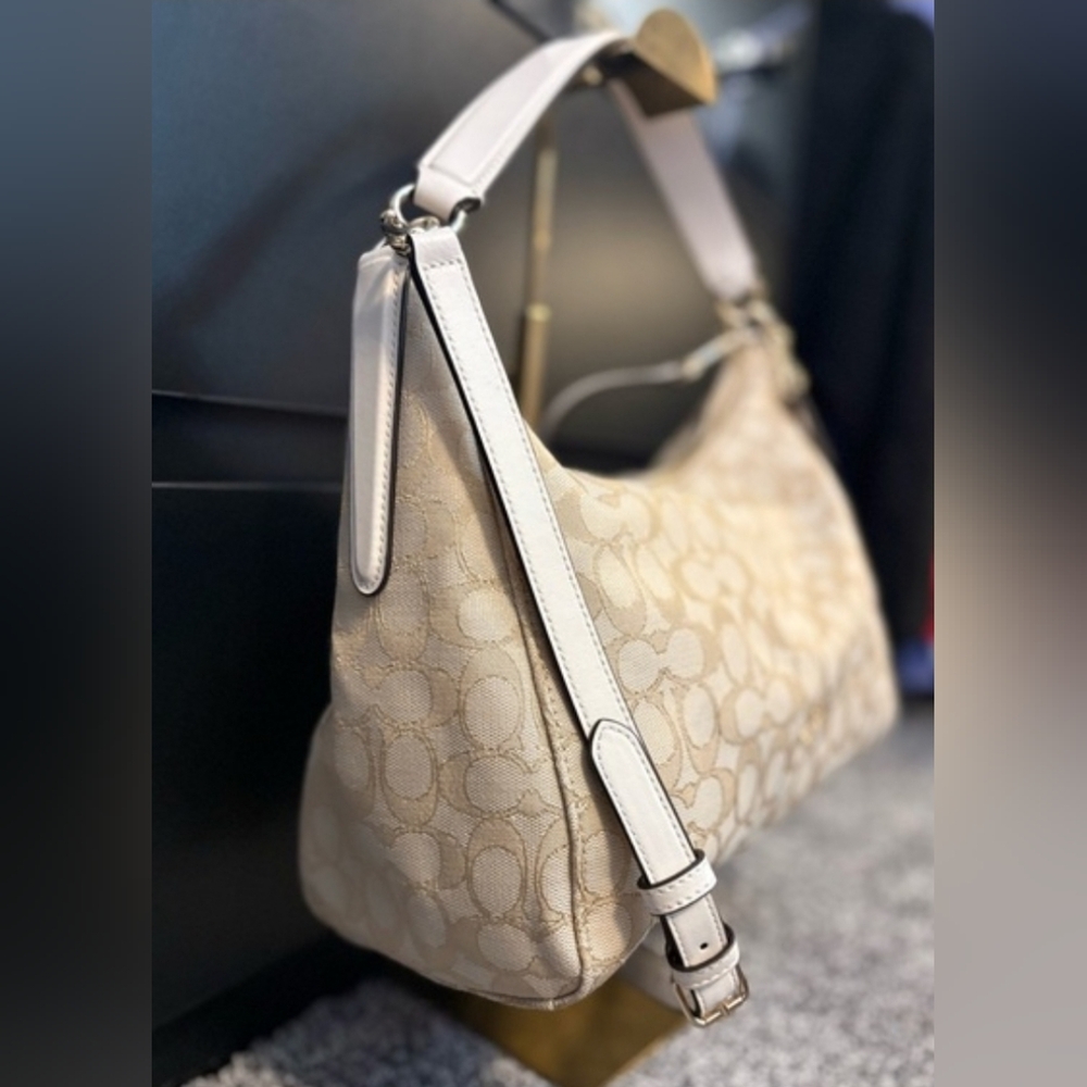 Great condition! Unique Coach Beige Signature Canvas Bag with White Strap. - Picture 10 of 13